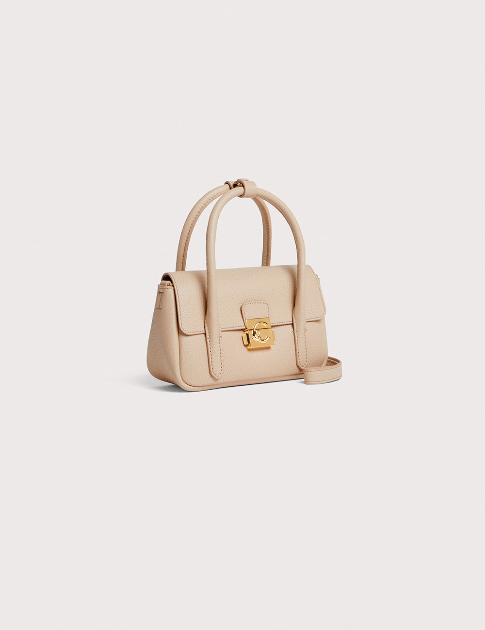 Borsa mini in pelle beige Coccinelle C-Me Lock Sandshell con chiusura dorata e manici doppi