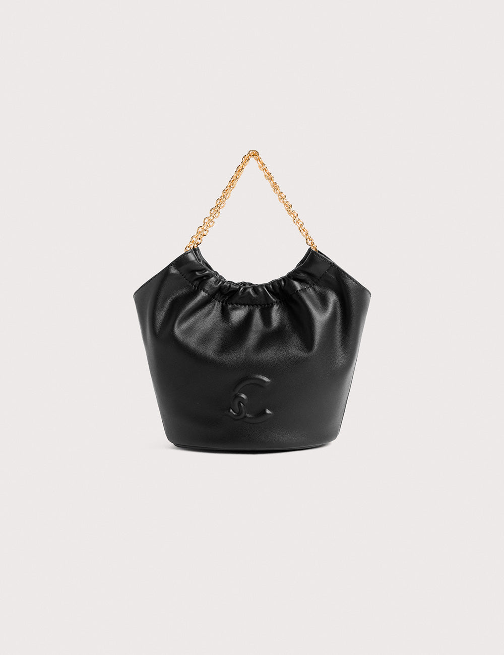 Borsa a secchiello Coccinelle Smash Mini Noir in pelle nera con catena dorata e logo goffrato