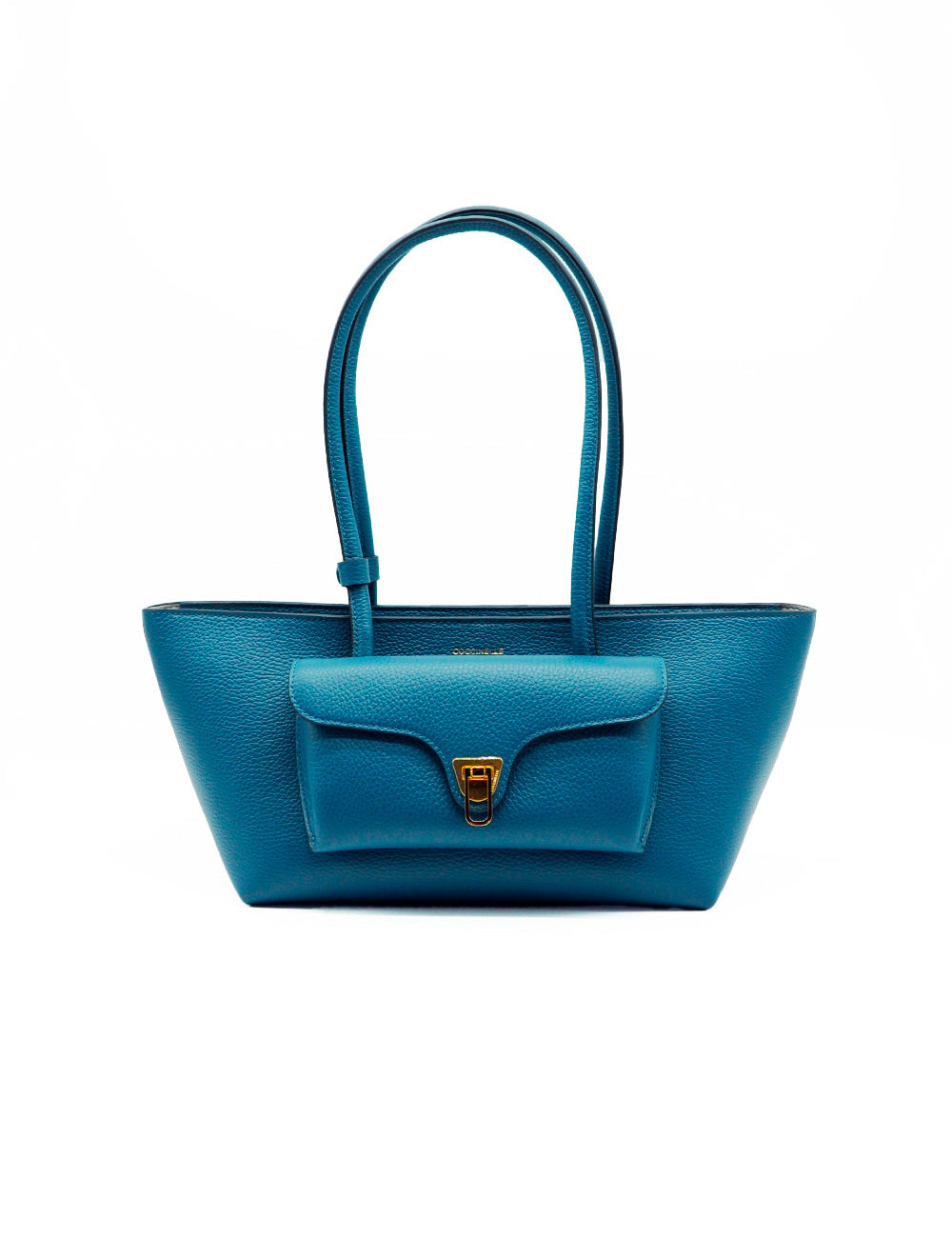 Borsa tote Coccinelle Double Beat in blu profondo, pelle teal con chiusura dorata