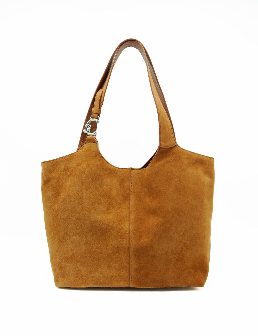 Borsa tote in suede color cognac Coccinelle C-Easy con manici in pelle marrone e chiusura metallica silver
