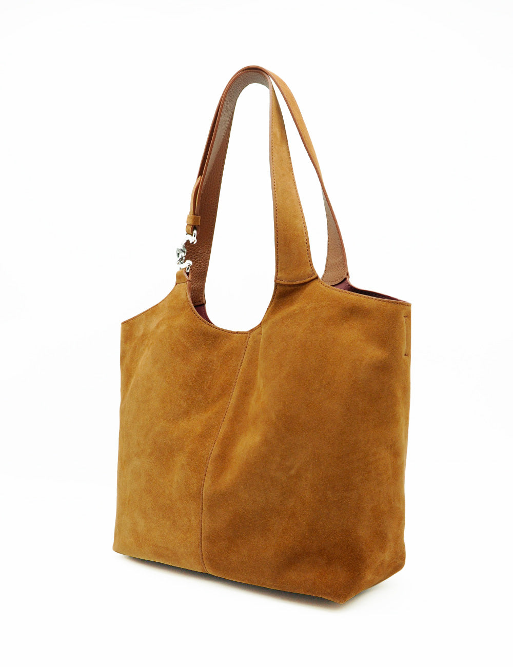 Borsa tote in suede color cognac Coccinelle C-Easy con chiusura metallica argento