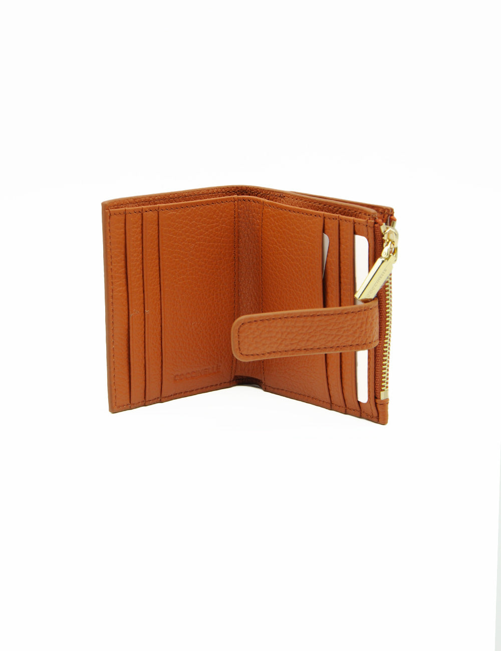 Portafoglio compatto in pelle tan con zip e tracolla oro Coccinelle Metallic Medium Crab