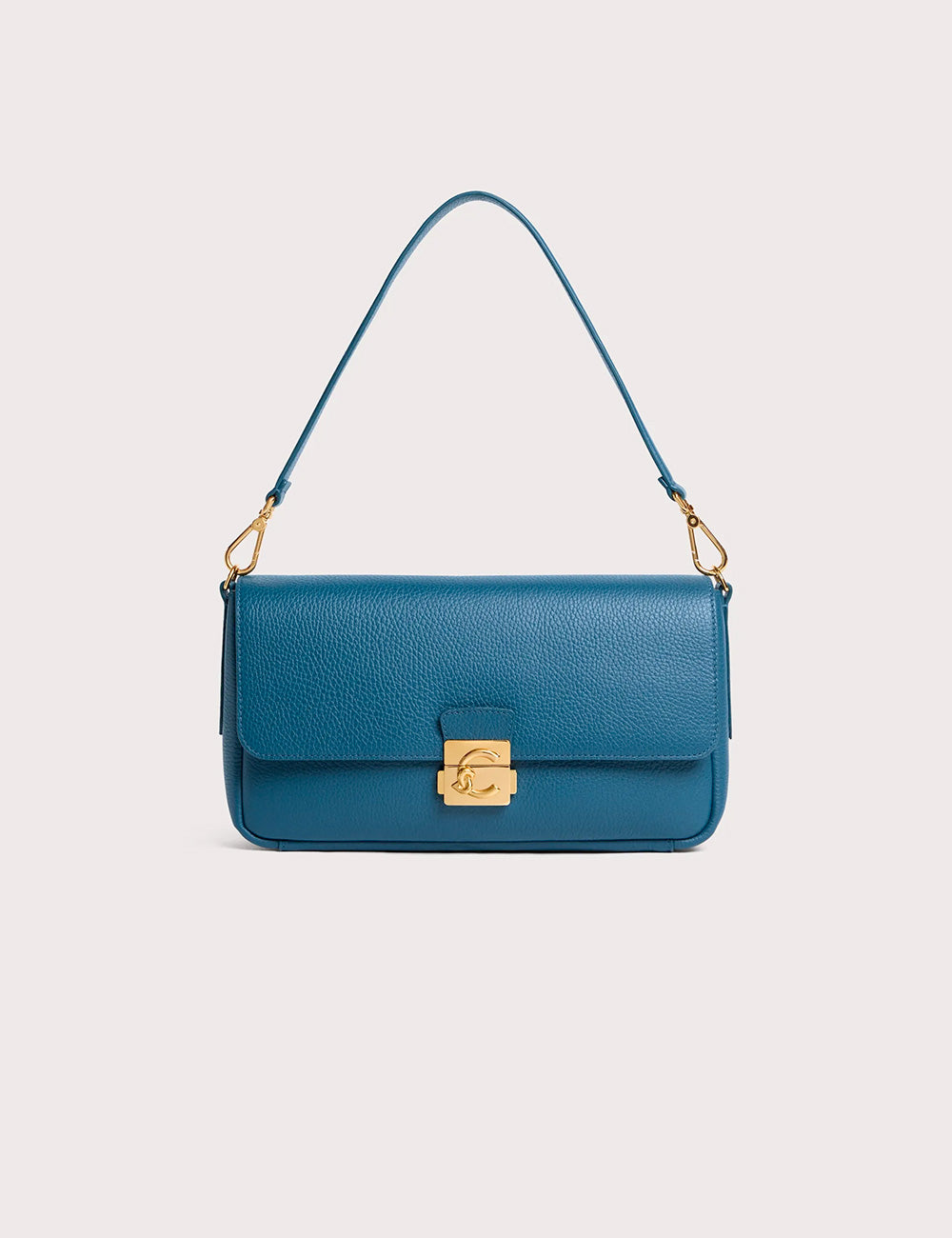 Borsa Coccinelle C-Me Lock Large in blu profondo, pelle teal ciottolata, chiusura e tracolla oro
