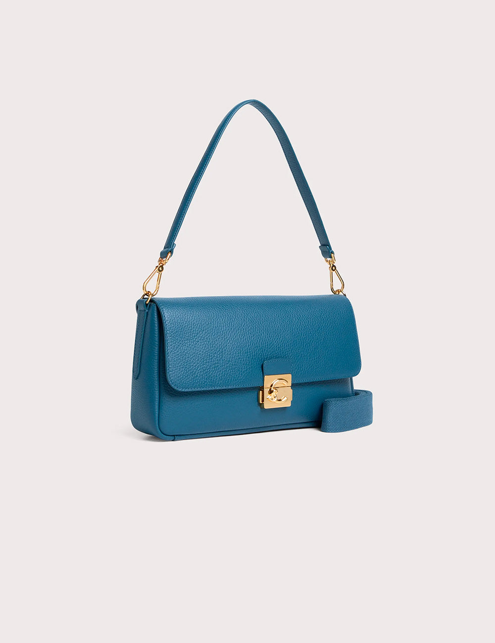 Borsa a spalla in pelle teal con chiusura gold-tone, Coccinelle C-Me Lock Large Deep Blue