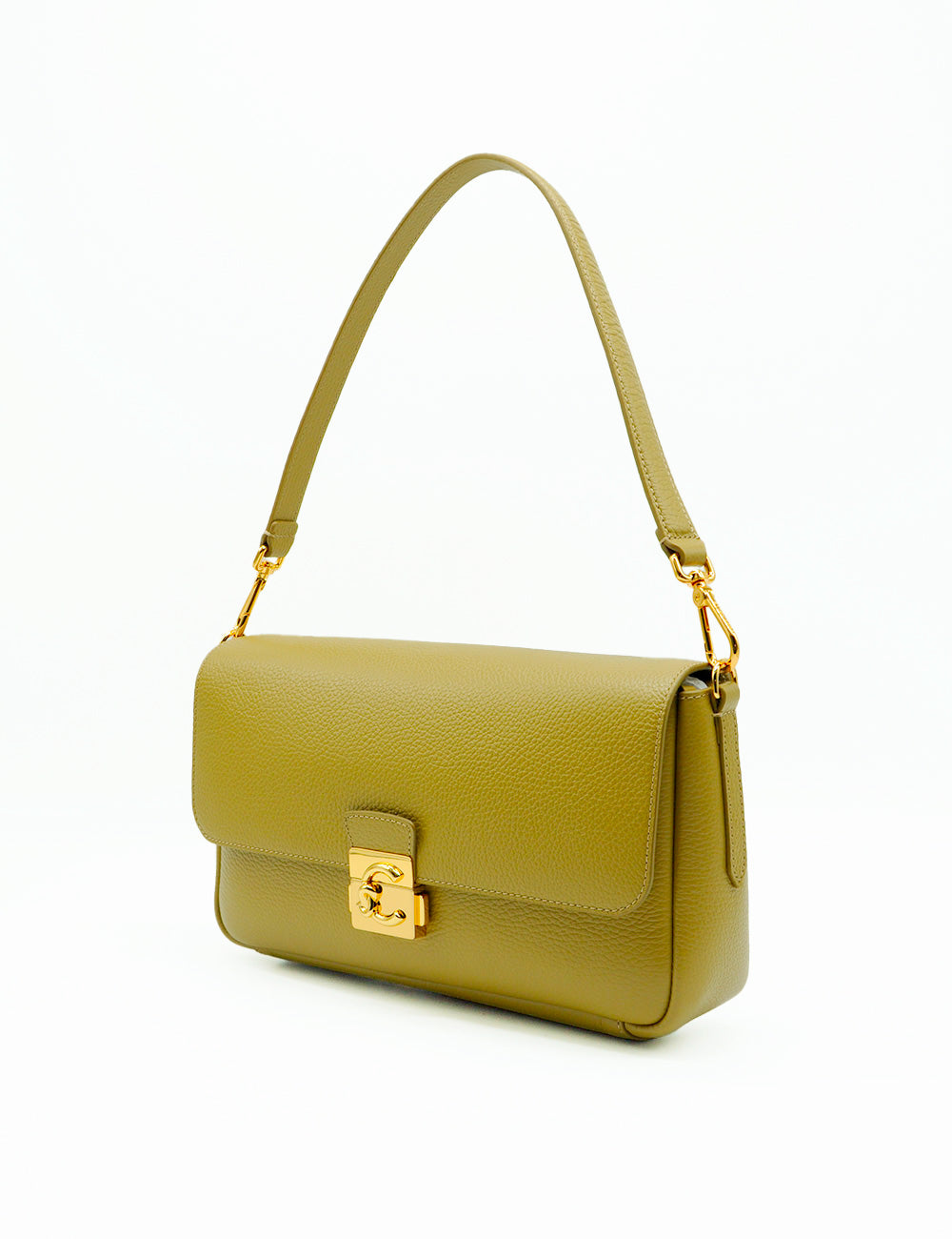Borsa grande Coccinelle C-Me Lock in pelle verde oliva ciottolata con hardware dorato e forma rettangolare strutturata