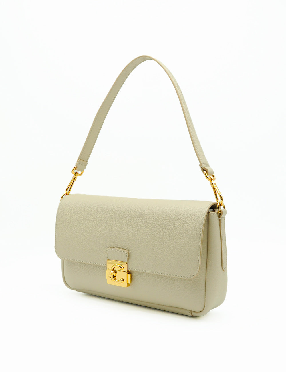 Borsa spalla Coccinelle C-Me Lock Large Sandshell in pelle beige chiaro con chiusura dorata