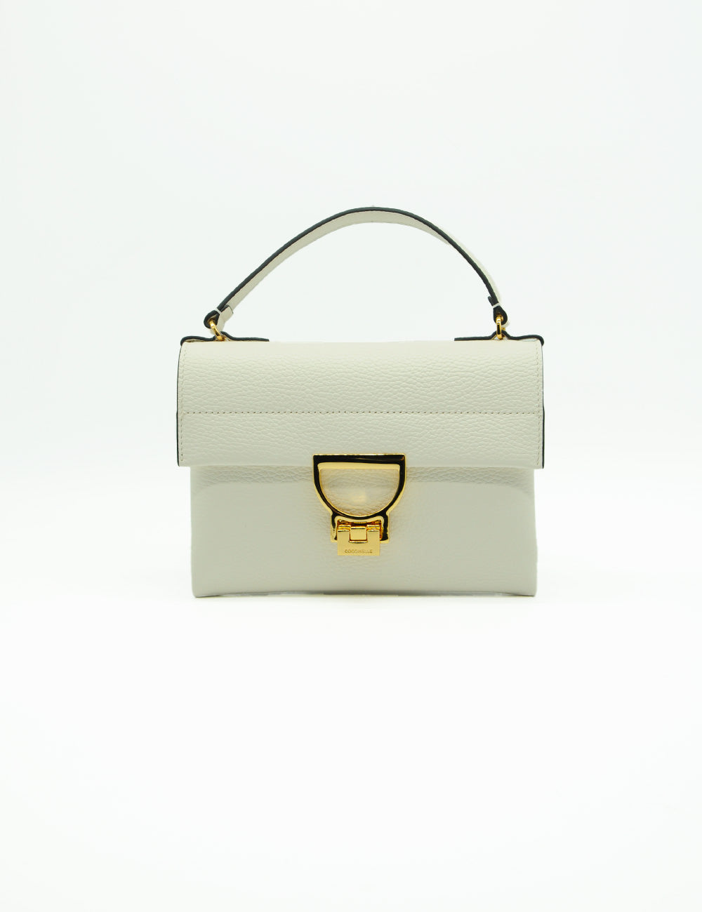 Borsa Coccinelle Arlettis Mini Pearl in pelle avorio con chiusura dorata e manico nero