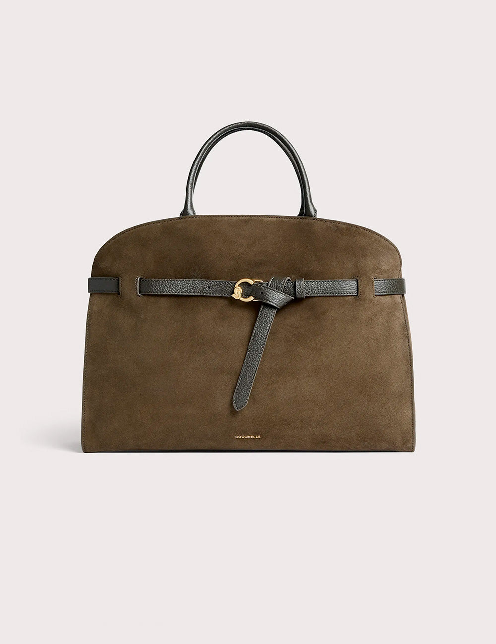 Coccinelle sabine large fango borsa a mano in suede verde oliva con cintura in pelle nera e fibbia dorata