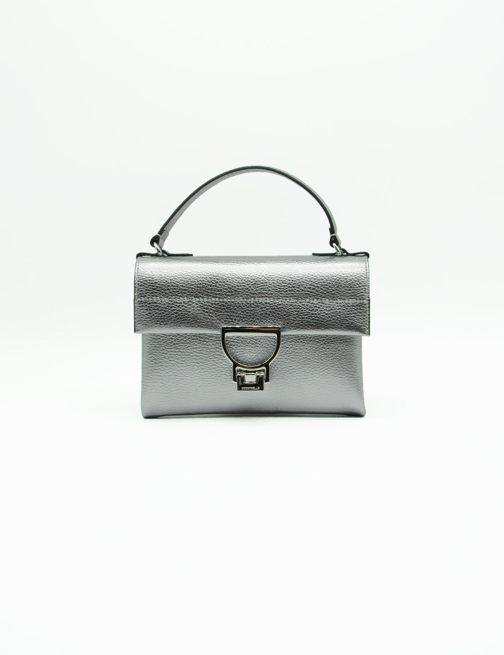 Borsa in pelle silver testurizzata Coccinelle Arlettis Mini Steel minimalista con chiusura metallica