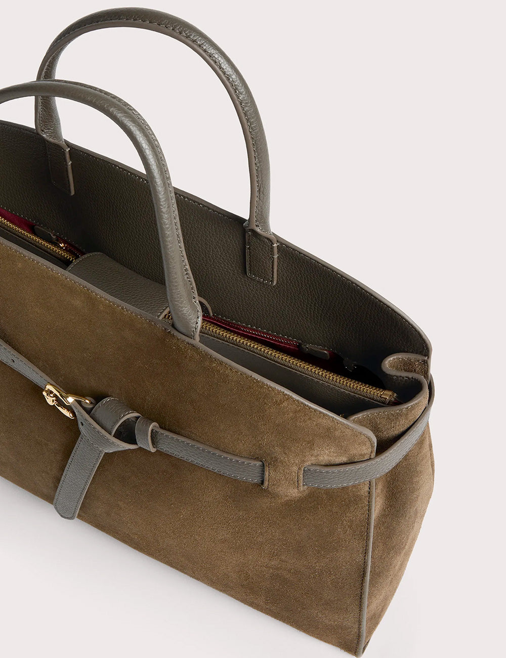 Olive green suede tote bag coccinelle sabine large fango with gray leather handles trim and gold-tone buckle closure