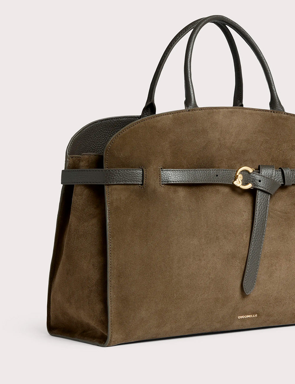 Olive green suede handbag coccinelle sabine large fango with dark brown leather straps and gold-tone buckle