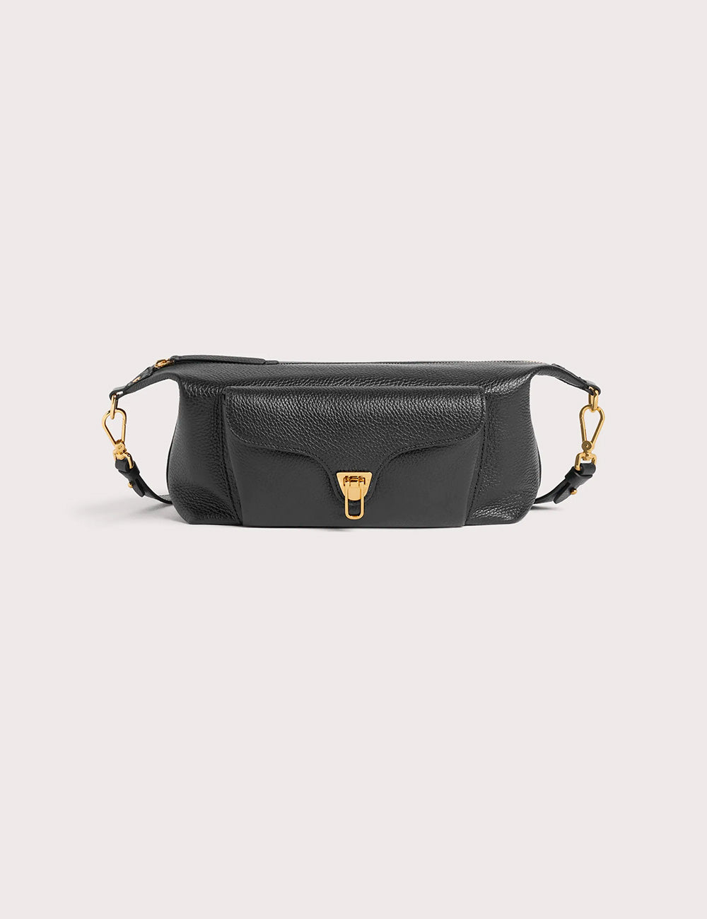 Black pebbled leather belt bag by coccinelle tracolla beat generation noir with gold tone clasp and adjustable strap