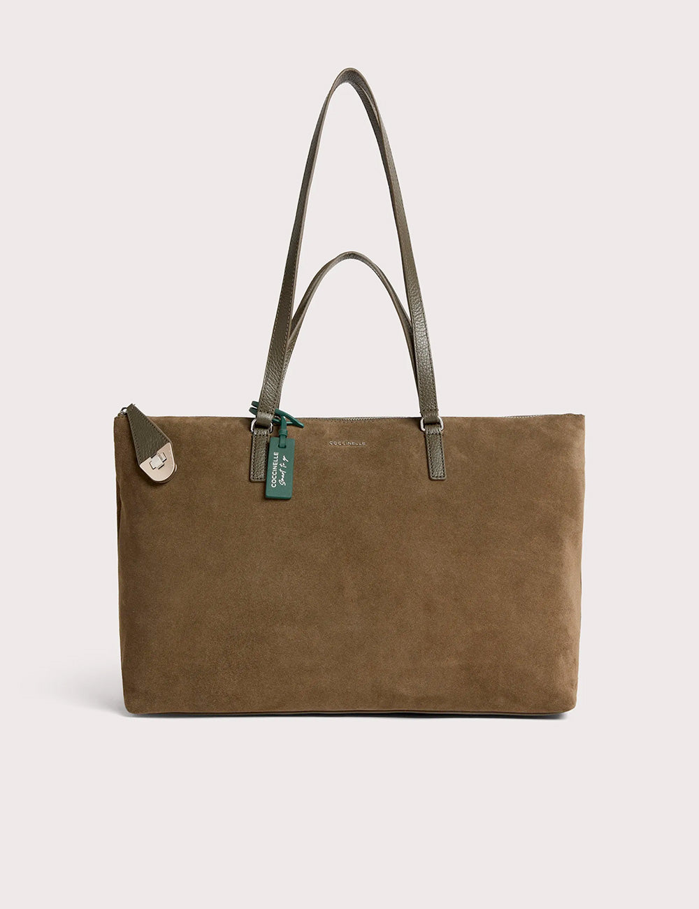 Brown suede tote bag coccinelle smart to go beat generation fango con manici in pelle verde oliva e targhetta coordinata