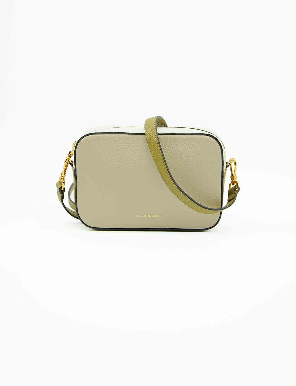 Borsa tracolla Coccinelle Tracolla Tebe Tricolor in pelle beige con tracolla verde oliva e hardware oro