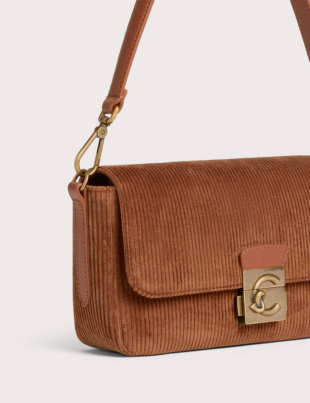 Coccinelle c-me lock medium cognac borsa a tracolla in velluto a coste con chiusura dorata e cinturino in pelle abbinato