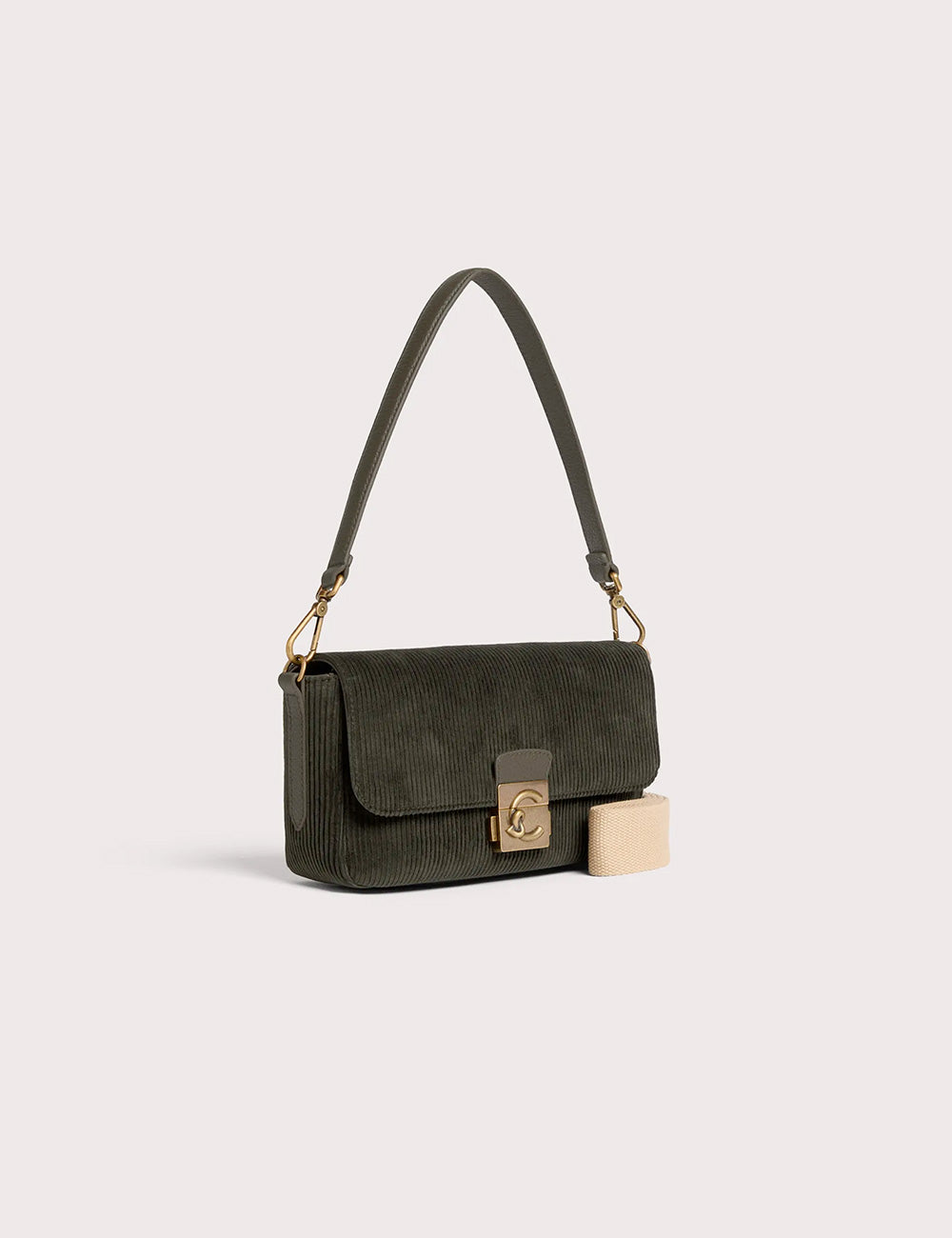 Borsa a tracolla coccinelle c-me lock medium fango in velluto a coste verde oliva con chiusura cc dorata