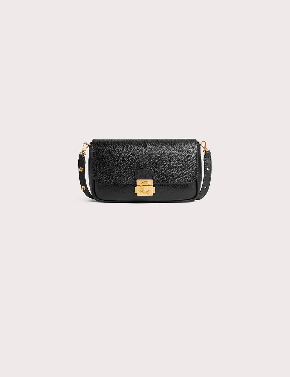 Borsa a tracolla coccinelle c-me lock mini noir in pelle nera con finiture oro e chiusura logo distintivo