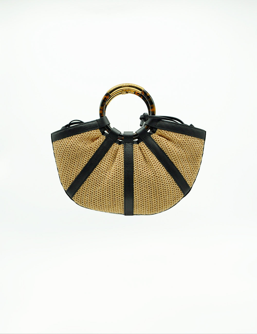 Borsa Coccinelle Shell Straw Natural beige intrecciata con manici in pelle nera