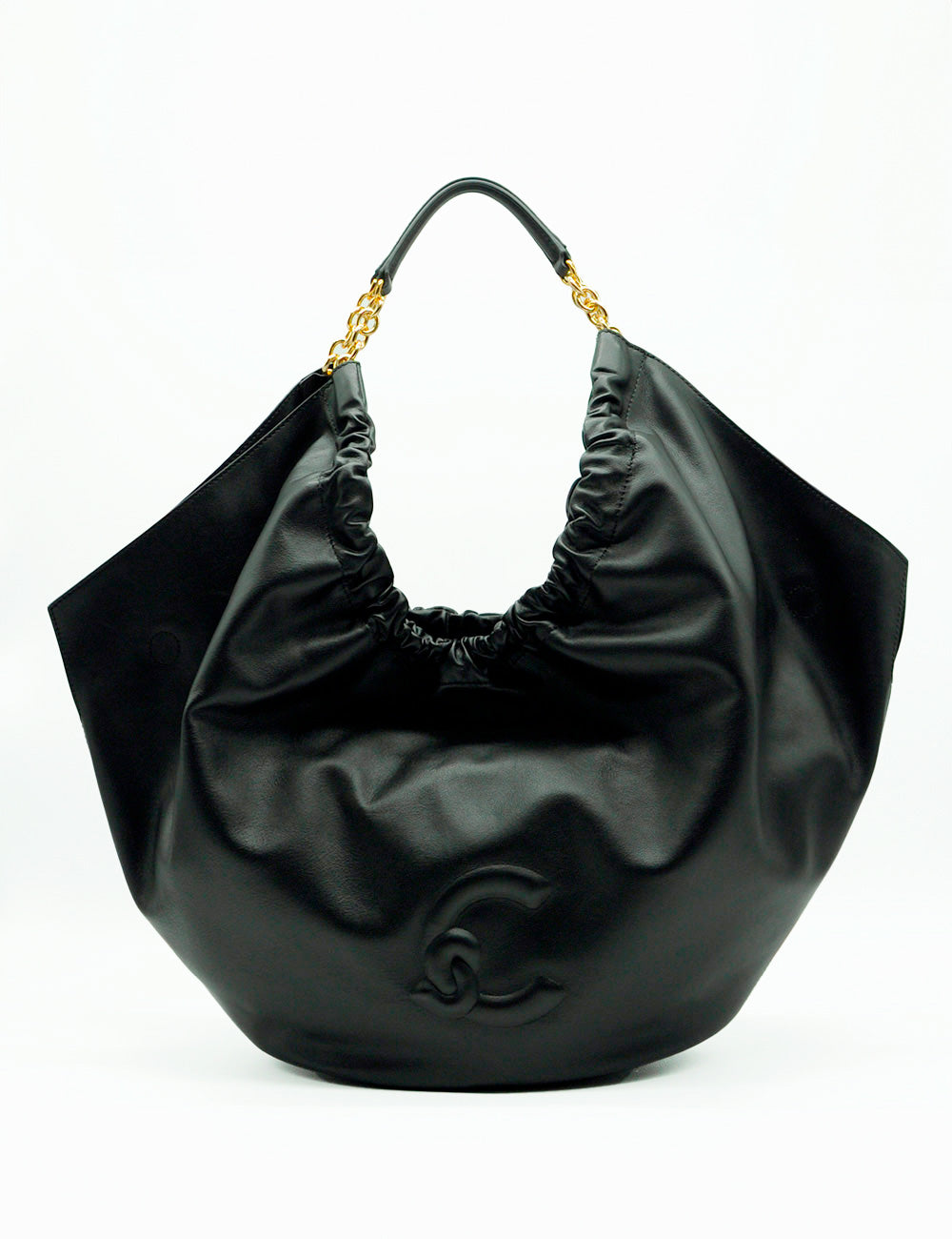 Borsa hobo Coccinelle Smash Noir nera satinata con catena dorata e logo embossé