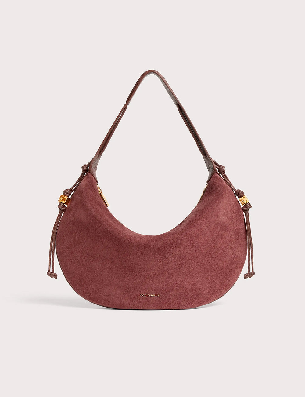 Borsa a spalla coccinelle thess medium berry in suede borgogna con manici in pelle marrone e dettagli in metallo dorato