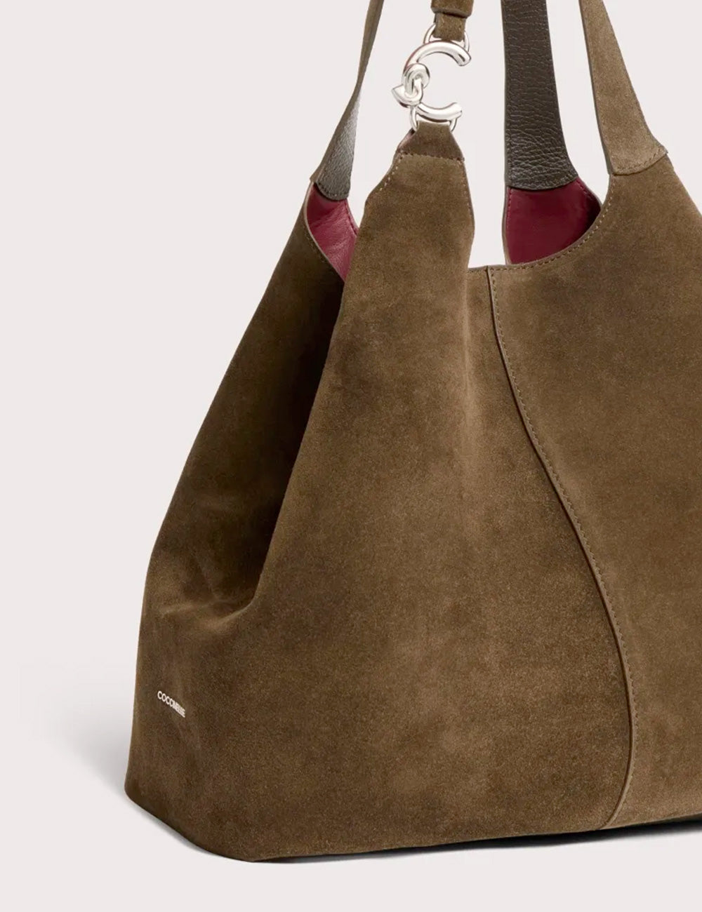 Taupe suede tote bag coccinelle c-easy large fango with burgundy lining and silver cc logo hardware