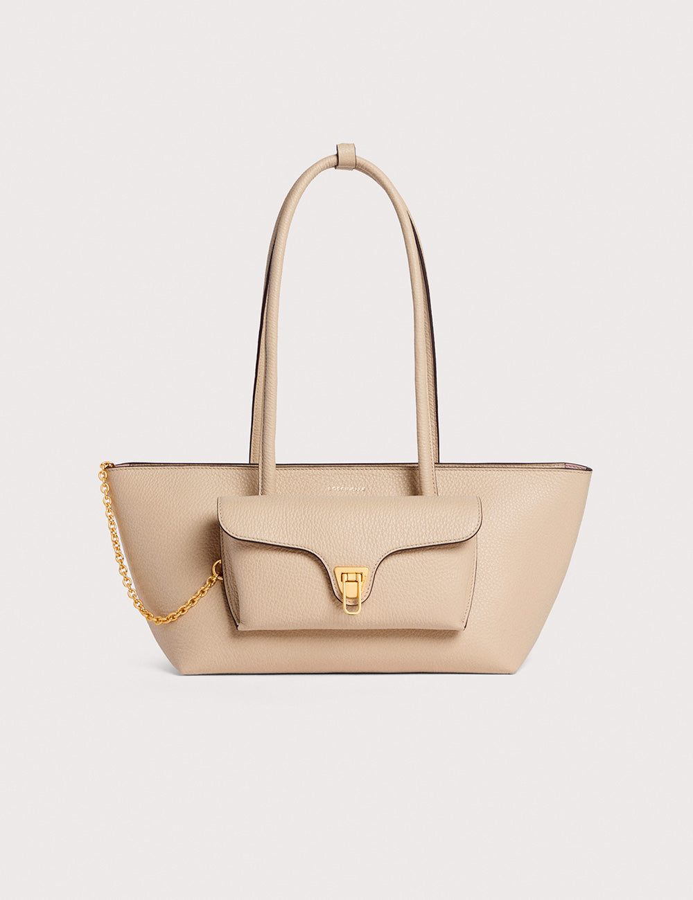 Borsa tote in pelle beige Coccinelle Double Beat Sandshell con catena dorata