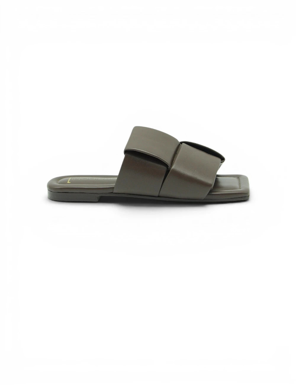 Olive green leather slide sandal with square toe and two wide straps from Spazio Corridoni 1 Sandalo Chocolate collection