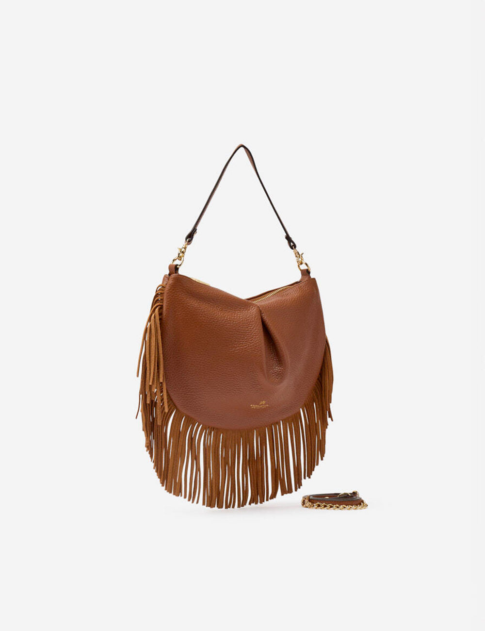 Borsa hobo mini Cuoieria Fiorentina Folk Caramel in pelle marrone con frange e tracolla a catena