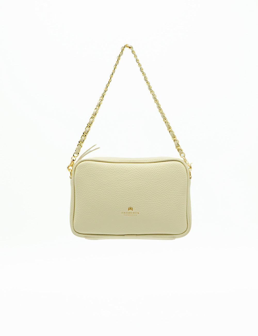 Borsa a tracolla mini Cuoieria Fiorentina in velluto Prosecco, pelle verde chiara testurizzata e catena oro