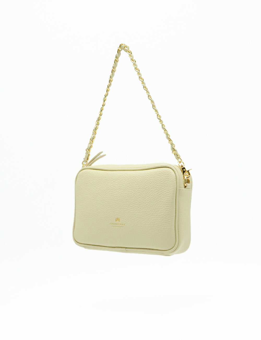 Borsa a tracolla mini Cuoieria Fiorentina in velluto Prosecco, pelle crema con catena oro e logo