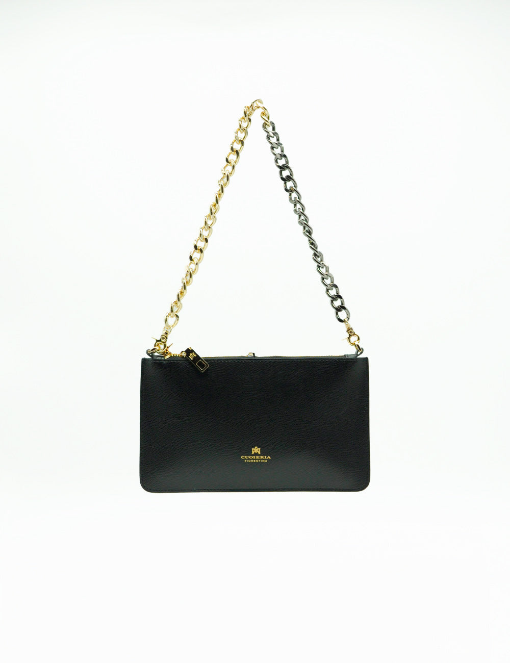 Pochette nera Alice di Cuoieria Fiorentina con catena bicolore oro e argento