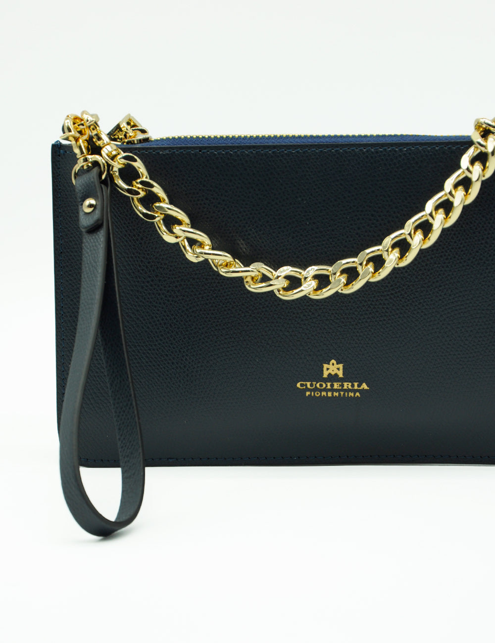Pochette Alice Cuoieria Fiorentina in navy con catena oro e logo