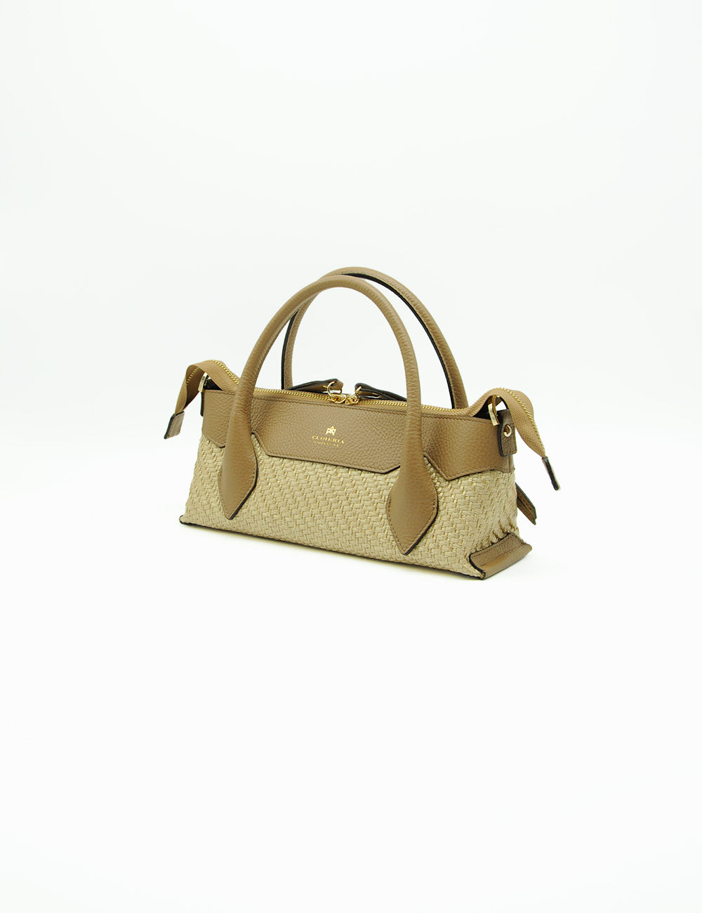 Borsa tote small Holy Desert Cuoieria Fiorentina in paglia intrecciata beige con manici e bordi in pelle color tan, forma rettangolare strutturata