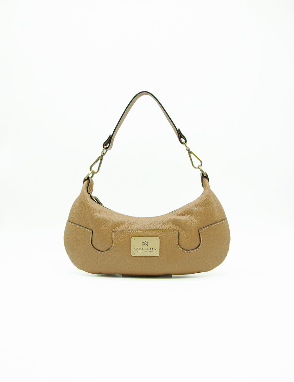 Borsa hobo piccola Cuoieria Fiorentina Bella Desert in pelle tan con placca metallica oro e tracolla marrone scuro
