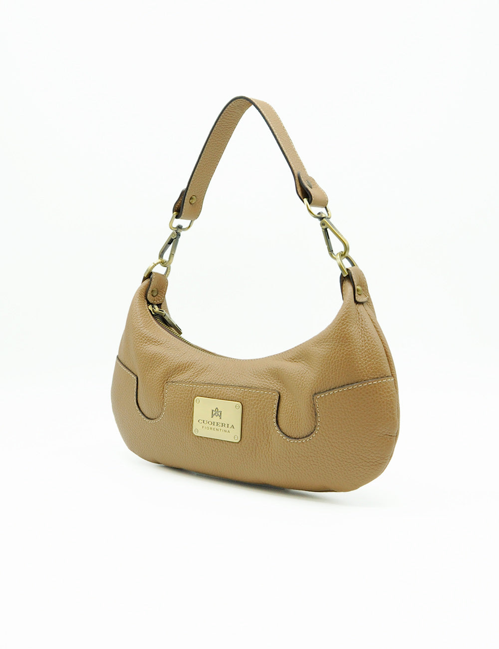 Borsa hobo piccola Bella Desert Cuoieria Fiorentina in pelle ciottolata beige con targa metallica dorata e tracolla a catena