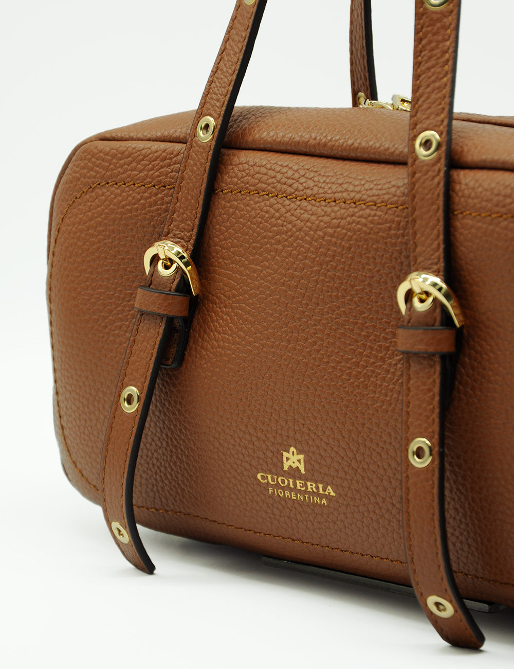 Borsa in pelle marrone testurizzata Cuoieria Fiorentina Baulotto Eva Soft Caramel con hardware dorato e logo