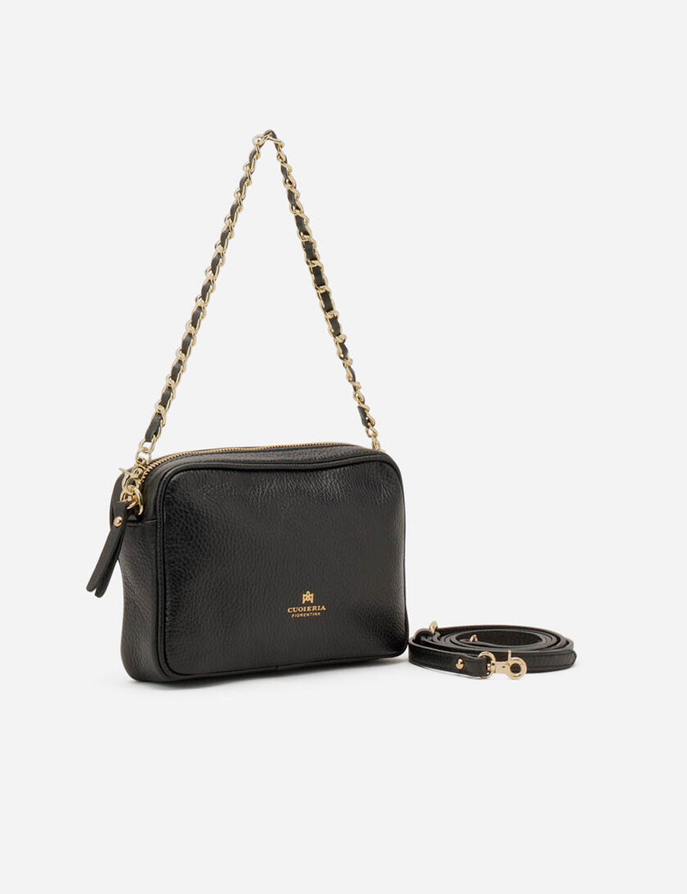 Borsa cuoio nero testurizzato con catena oro e tracolla in pelle nera