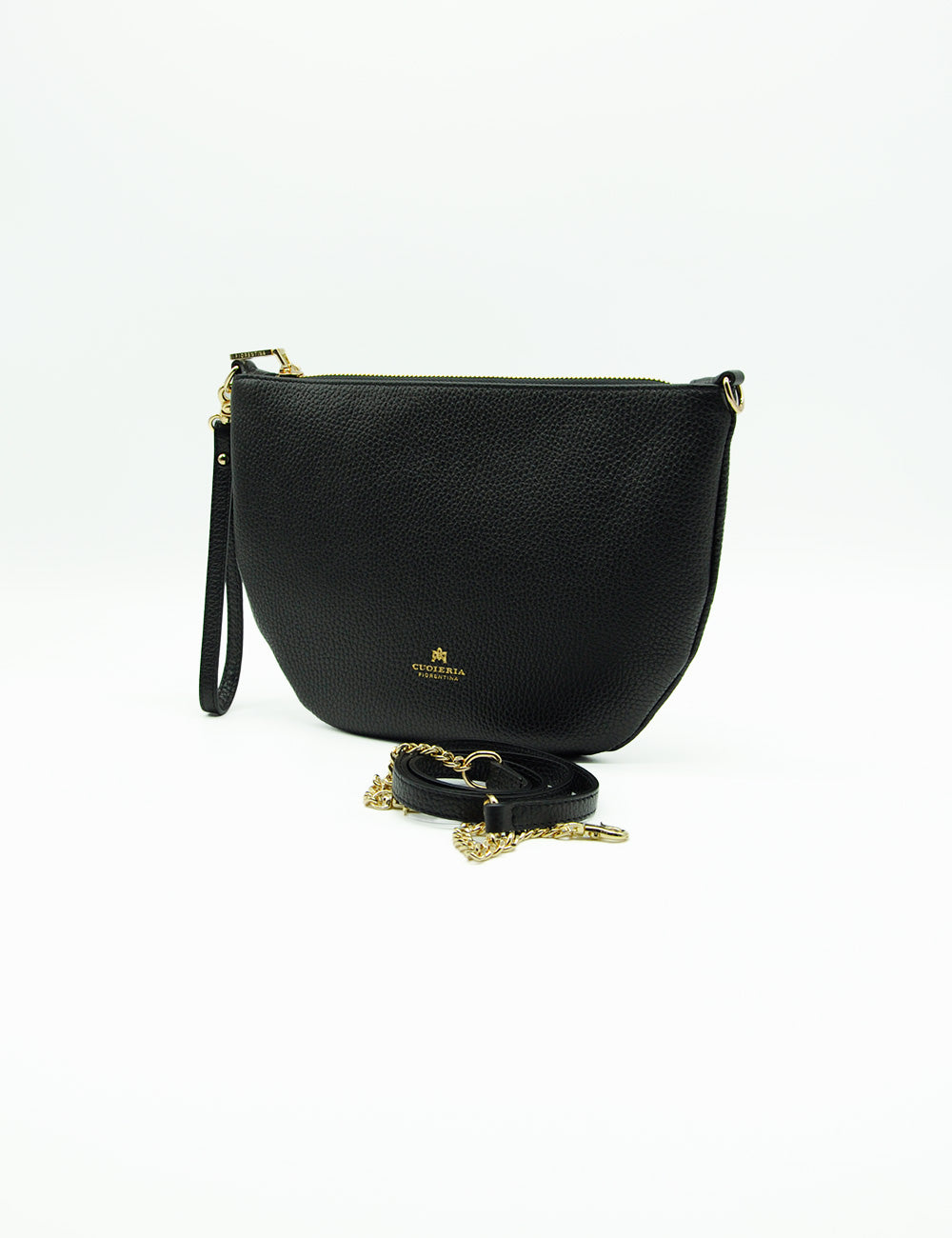 Borsa a tracolla in pelle nera ciottolata con catena staccabile e hardware oro, Cuoieria Fiorentina Emma Boho Pouch Nera