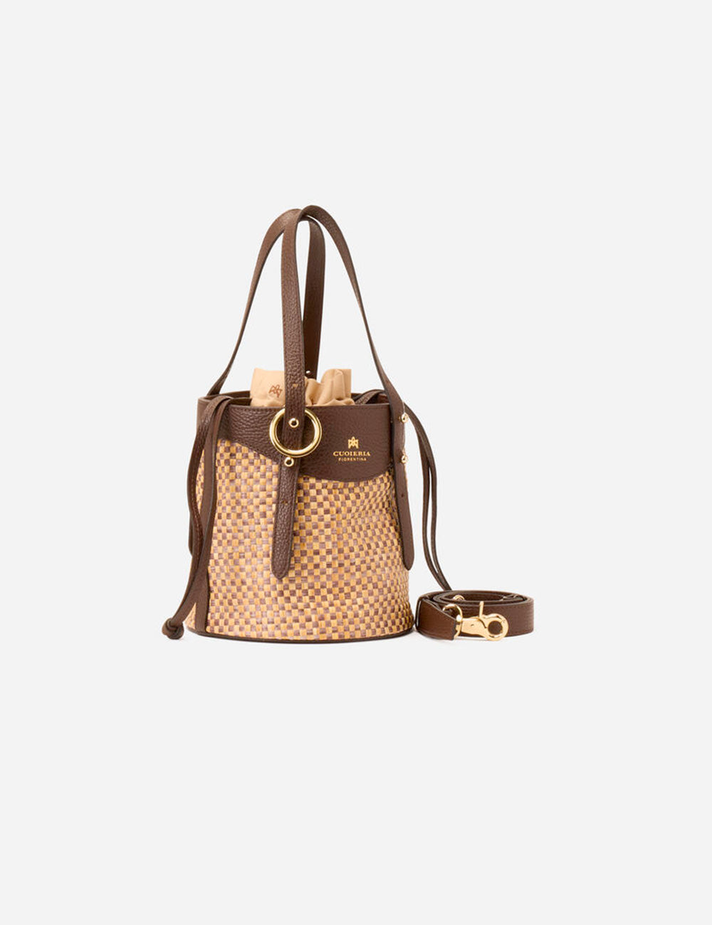 Borsa crossbody Cuoieria Fiorentina Secchiello Amber Cioccolato in pelle nera testurizzata con catena dorata