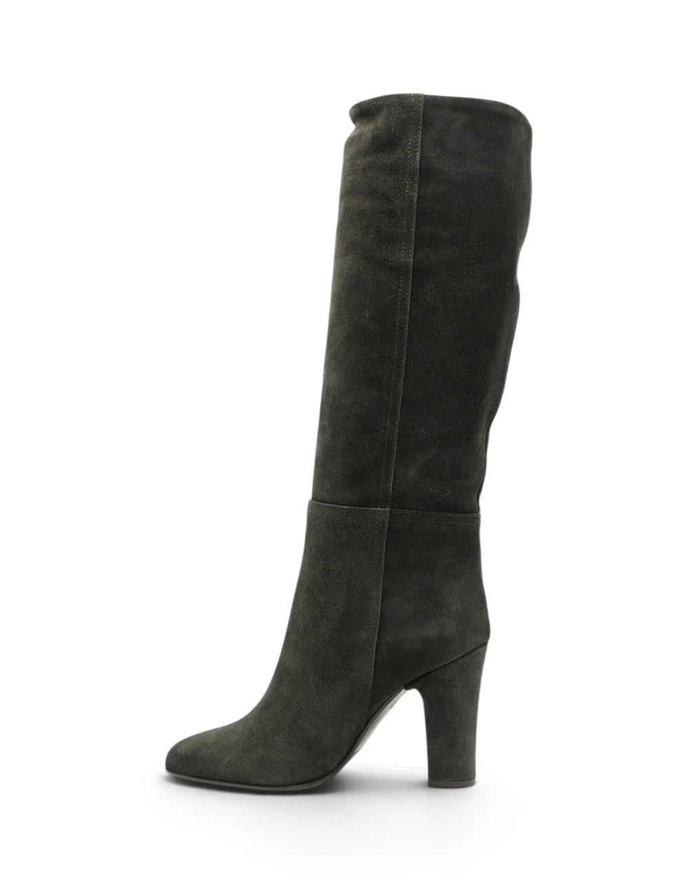 Stivale chantal espresso in suede verde scuro con tacco a blocco e punta a punta elegante fino al ginocchio