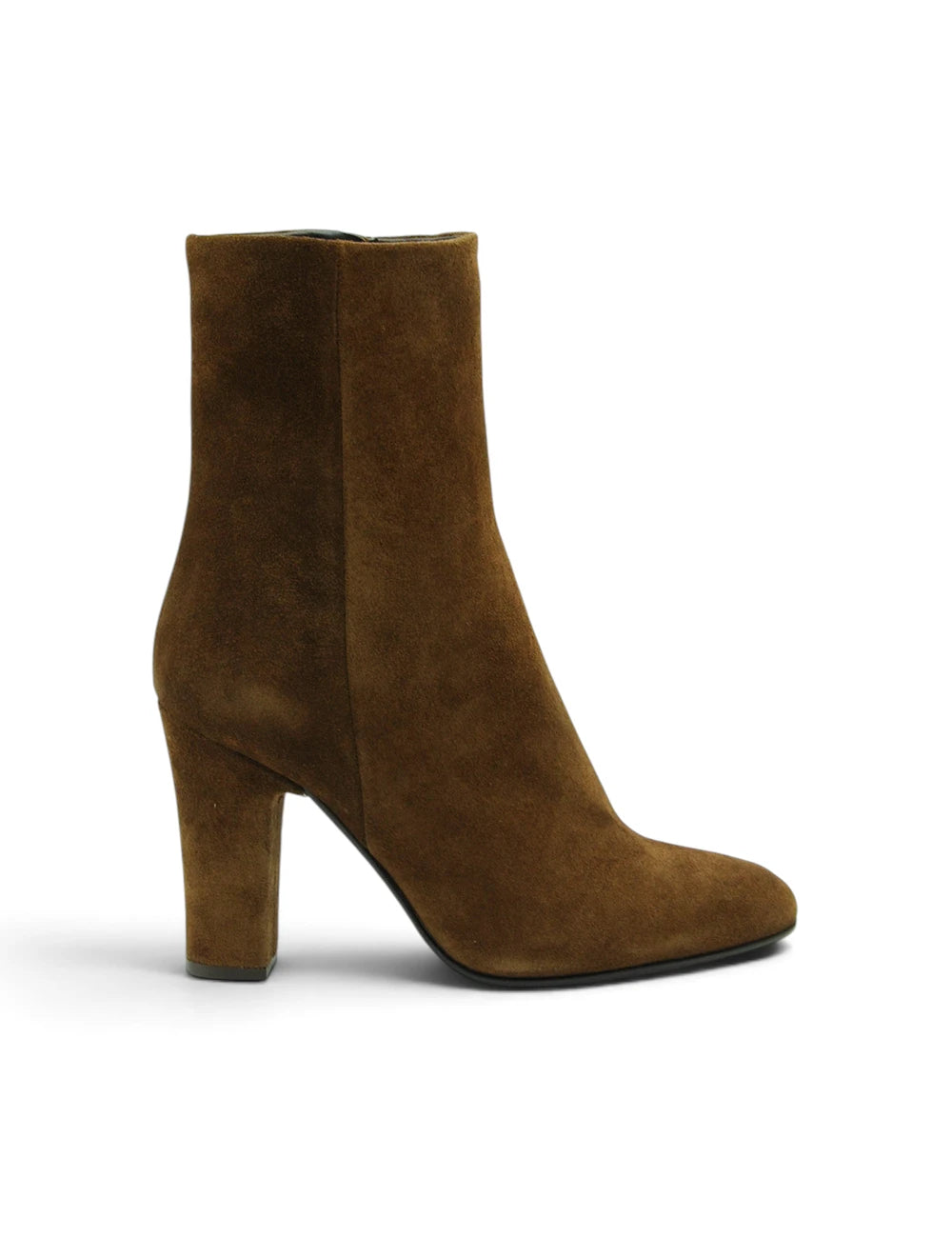 Brown suede ankle boot with block heel chantal stivaletto birra showing front and side view