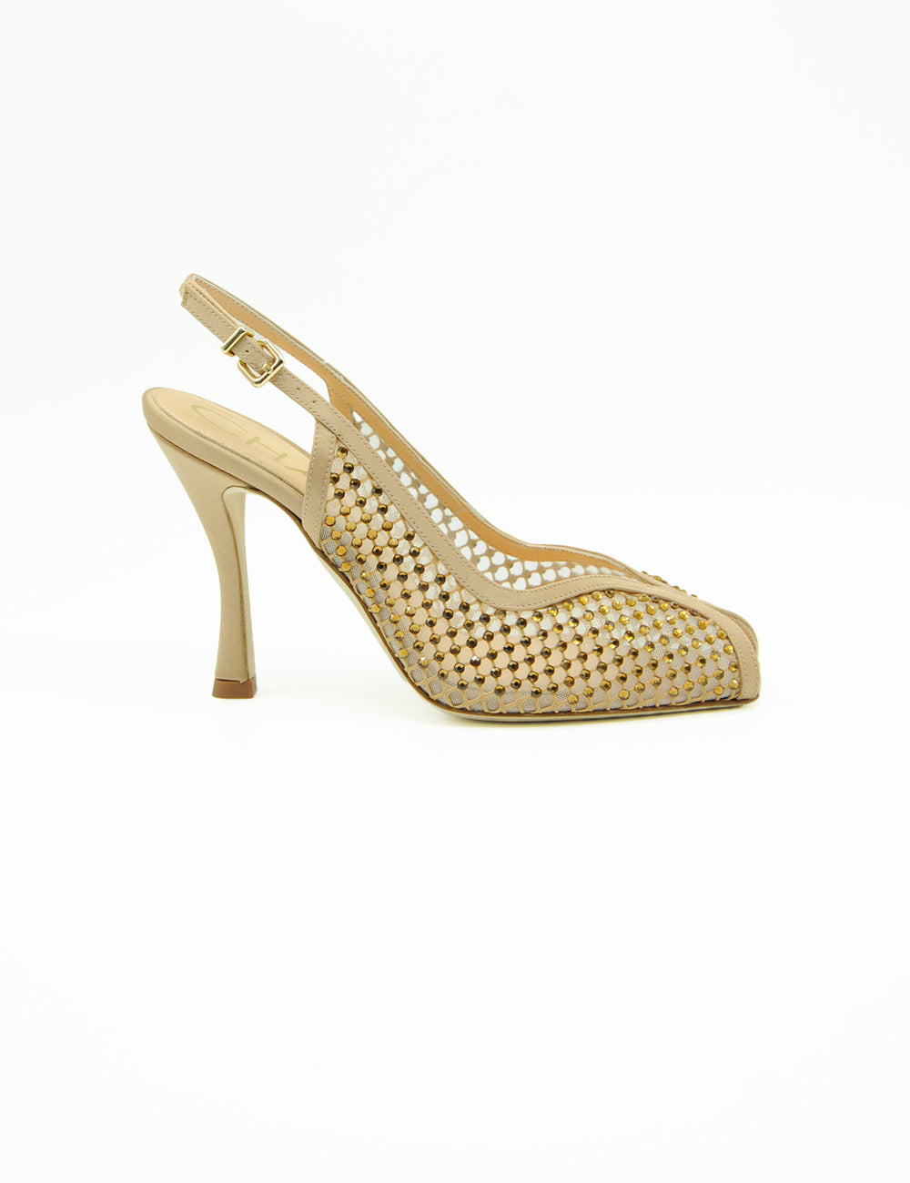 Chantal Sandalo Slingback Nude: pump beige in suede con mesh e borchie oro