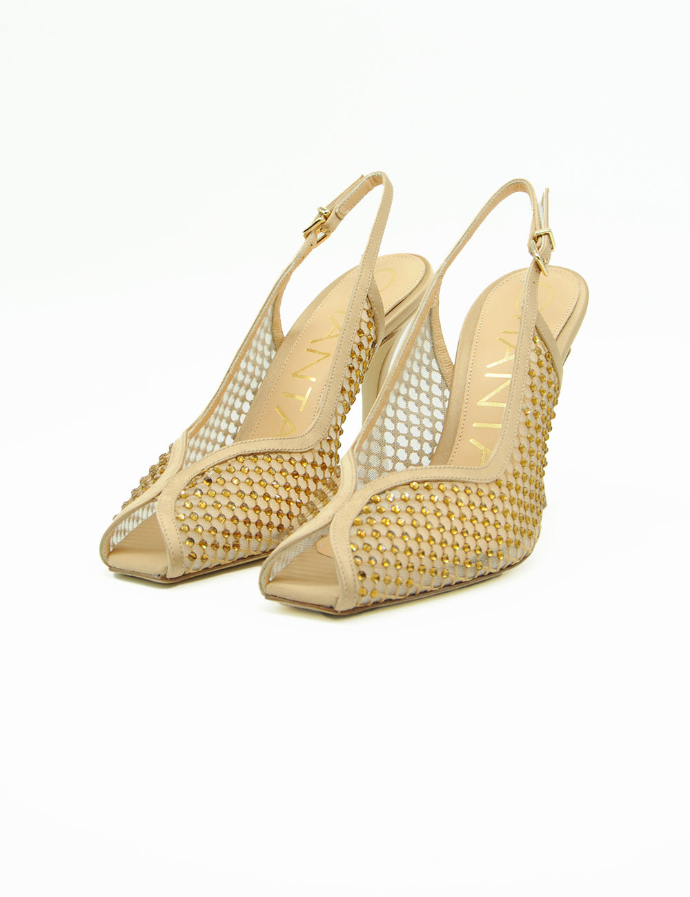 Sandali slingback Chantal nude beige con borchie oro e tacco alto