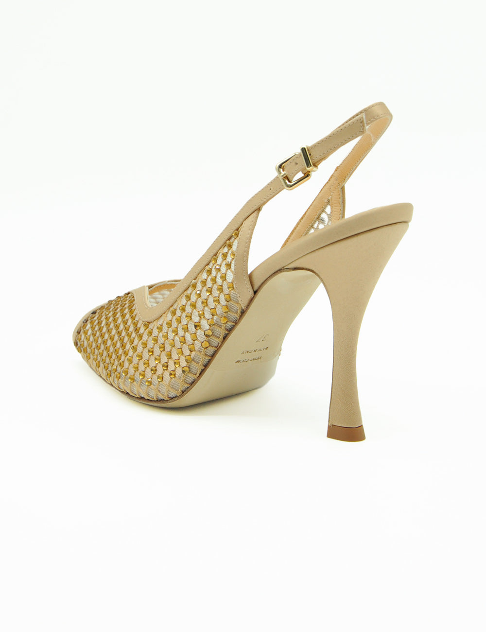 Chantal Sandalo Slingback Nude, beige mesh slingback pump con fibbia oro e tacco alto