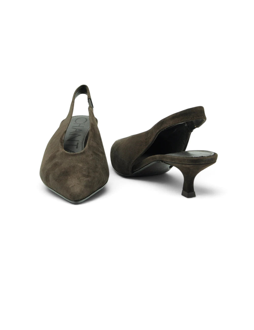 Olive green suede slingback heels chantal chanel moro with low block heel shown from the back side