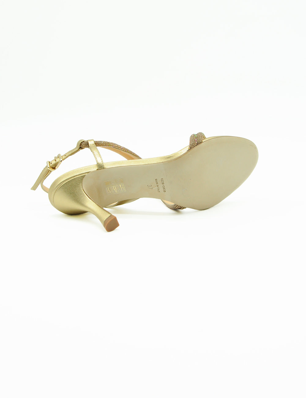 Sandalo Chantal Satin Oro, retro strappy con tacco slender e fibbia caviglia