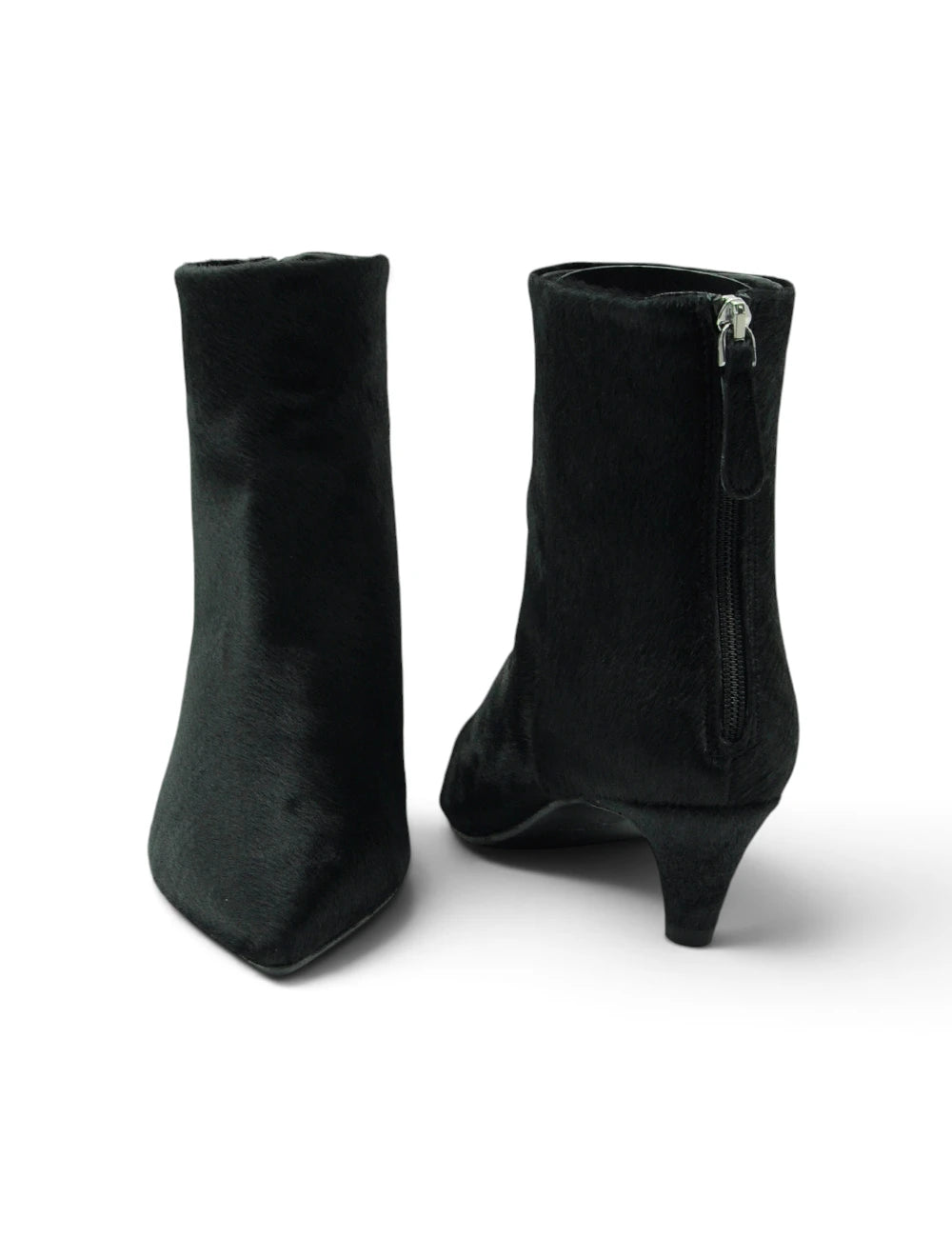 Black suede tronchetto ankle boots with pointed toe low heel and silver back zipper chantal tronchetto cavallino nero