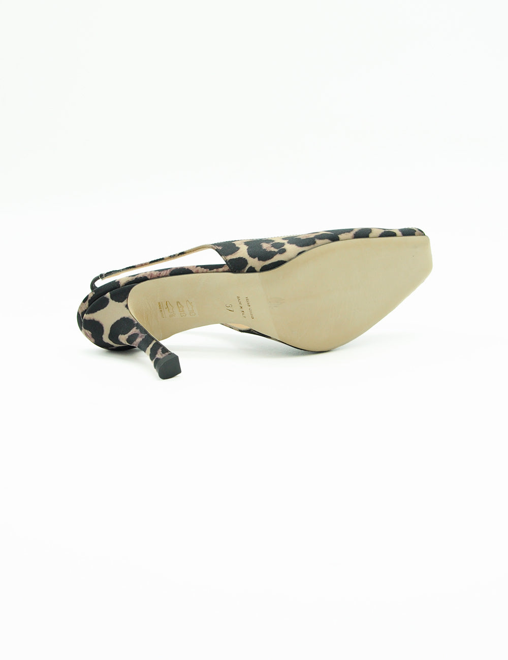 Chantal Sandalo Slingback Leo: tacco slingback leopard print nero e beige satinato