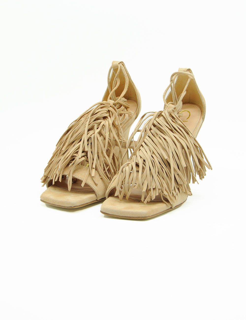 Sandali Chantal Suede Legno beige scamosciati con frange e lacci quadrato