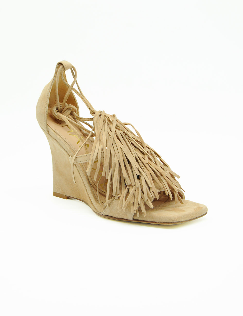 Chantal Sandalo Suede Legno beige con frange e lacci alla caviglia